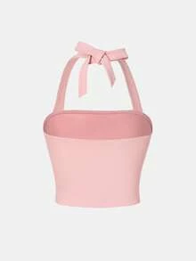 少女优雅纯色修身甜美蝴蝶结肩侧褶皱吊带背心 - 粉色 - 查看 2