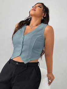 SHEIN EZwear Plus Size Black Simple Fitted Dress Vest, Formal Business Attire Graduation,Back To School,Teacher Outfits For Women In Fall/Winter - Mint Green - View 7