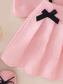 Elladie kids Young Girl Light Pink Plaid Pearl Button Cardigan Short Sleeve Jacket And Pleated Mini Skirt Summer Clothing Set, Elegant Young Girls Tweed Bowknot Outfit - Pink - View 6