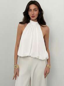 Aloruh Women's Solid Color Pleated Sleeveless Casual Top, Spring/Summer,Summer Top - White - View 4