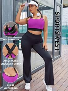 SHEIN Sports 加大码撞色包边交叉后背运动文胸，内置胸垫，不可拆卸胸垫，高支撑背心式设计，适合健身、瑜伽、跑步等运动，黑色，适合中国新年穿着 - 彩色 - 查看 3