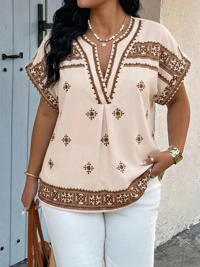 Weeklong Plus Size Women's Spring/Summer Floral Placement Print Casual Vacation Shirt