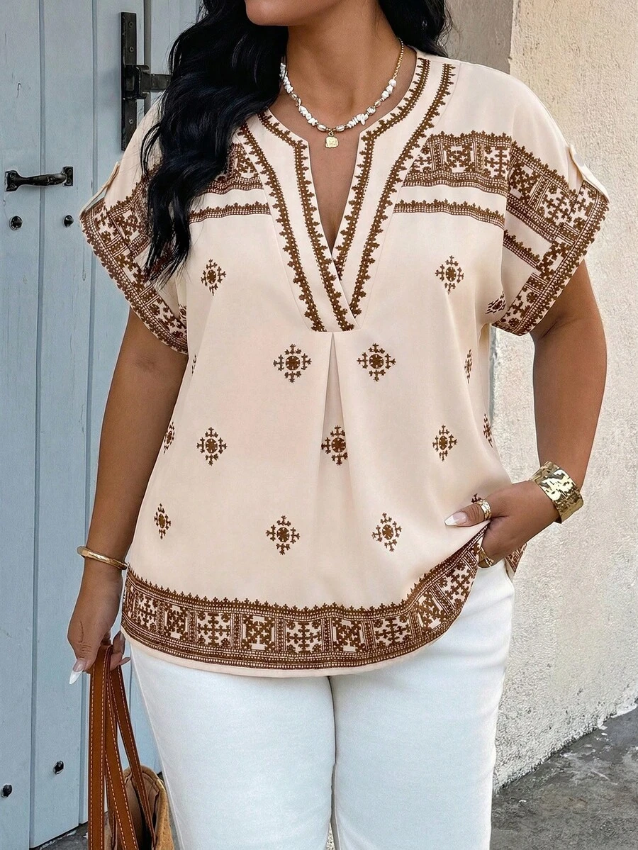 SHEIN LUNE Plus Size Women's Spring/Summer Floral Placement Print Casual Vacation Shirt - Multicolor - View 1