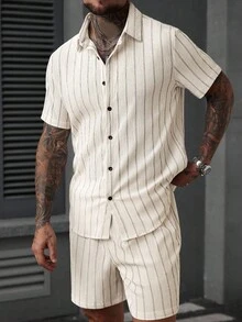 Manfinity Homme 加大码男士提花条纹短袖衬衫和短裤套装 - 卡其色 - 查看 4