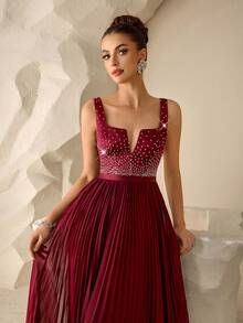 Coutiva Đầm dạ hội dài trang trọng dành cho nữ với phần thân áo đính đá lấp lánh và chân váy xếp ly bằng vải chiffon (phiên bản đính đá) - Màu Đỏ Sâu - Xem 6