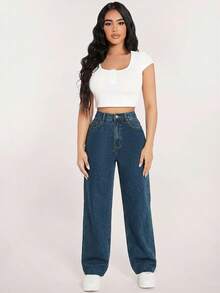 SHEIN PETITE Quần jeans ống đứng thời trang thường ngày dành cho nữ, thích hợp mặc đi làm. - Màu xanh lam - Xem 4