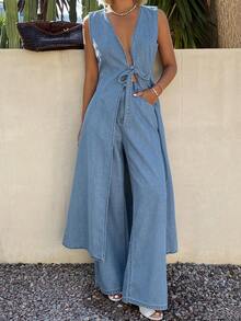 DAZY Bộ đồ denim dài dáng suông cổ chữ V buộc dây kiểu dáng nghỉ mát dành cho nữ mùa hè - Màu xanh lam - Xem 6