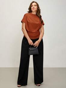 Comfylo Plus Size Elegant Solid Color Pleated Fitted Blouse Basic Tops For Women Asymmetrical Latest New Arrivals Business Casual Modern - Brown - View 3