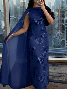 Modelyn New Design Asymmetric Sleeve Elegant Embroidered Floral Cinched Waist Romantic Luxurious Party & Holiday Dress - Navy Blue - View 7
