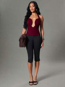 Hauture Sexy Casual Office Cut Out Sweetheart Neck Halter Tank Top - Burgundy - View 5