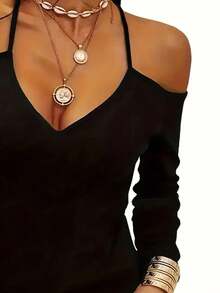 Selamara Women's V-Neck Halter Tie Shoulder Long Sleeve Blouse - Black - View 3