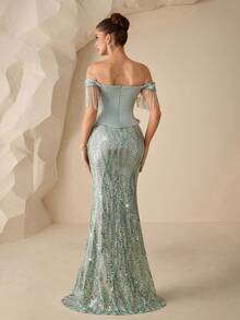 Coutiva Đầm dạ hội đuôi cá trễ vai thanh lịch đính sequin và tua rua - Màu xanh Bạc hà - Xem 3