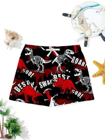 男童休闲宽松印花沙滩裤，适合夏季、海滩、户外活动和游泳。经典酷炫的化石恐龙图案印花，适合游泳、冲浪和度假。