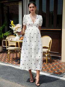 Momance 优雅心形印花花瓣袖深V领开衩孕妇连衣裙 - 白色 - 查看 3