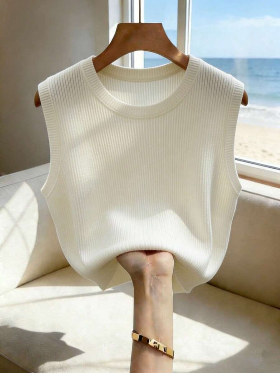 Pariaura 女士休闲无袖毛衣背心,设计优雅,百搭显瘦,纯色,简约复古,罗纹针织,可单穿或叠穿,适合初秋、春季和夏季穿着。 - 杏色 - 查看 1