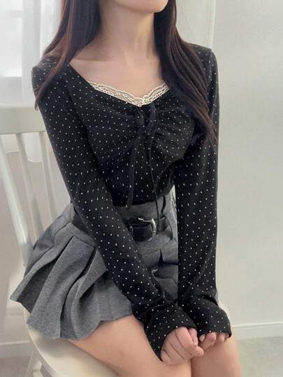 FRIFUL Women's Polka Dot Print Fitted Long Sleeve T-Shirt