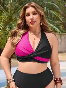 Swim Lushoire Áo bikini thắt nút xoắn phối màu tương phản, thiết kế cổ chữ V sâu, dây đeo co giãn có thể điều chỉnh, áo tắm nữ đi nghỉ mát. - Nhiều màu - Xem 3
