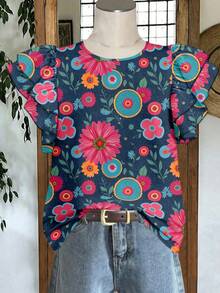 EMERY ROSE Floral Print Plus Size Shirt, Suitable For Vacation And Party Outfits - Multicolor - View 7