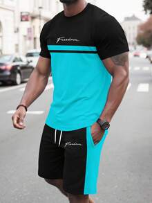 Manfinity Homme 男士夏季休闲两件套运动服，黑蓝撞色设计，“Freedom”字母印花短袖T恤+抽绳短裤，欧美街头风，假日派对装扮，复古Y2K时尚 - 彩色 - 查看 2