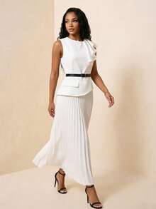 Eryvara 女士优雅圆领荷叶边不对称下摆褶裥上衣+半裙两件套，配腰带，适合派对、度假、通勤、日常休闲穿着，春夏皆宜。 - 白色 - 查看 1