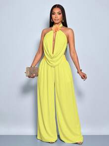 SOLERSUN Women's Light Green Chiffon Halter Neck Vest & Wide-Leg Pants 2 Pieces Set,Summer Tropical Holiday Vacation Holiday Suit For Music Festival Concert - Yellow - View 4