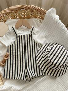SHEIN 2pcs/Set Baby Boy/Girl Summer Striped Bib Overalls & Bucket Hat Set, Casual Outfit For Home, Outing, Beach - Multicolor - View 1
