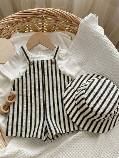 SHEIN 2pcs/Set Baby Boy/Girl Summer Striped Bib Overalls & Bucket Hat Set, Casual Outfit For Home, Outing, Beach