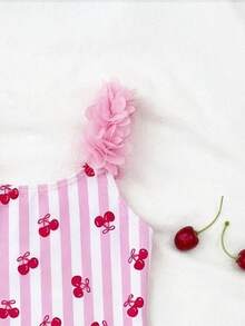 SHEIN 女童条纹蝴蝶结碎花连体泳衣，女童泳装，儿童夏季连衣裙，女童夏季服装，幼儿泳衣，儿童沙滩裙 - 淺粉色 - 查看 4