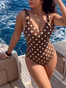 Auralis 大码女士波点连体泳衣，适合海滩度假、泳池派对、沙滩派对 - 棕色 - 查看 2