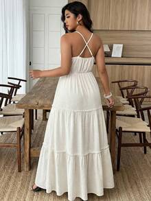 SHEIN LUNE Plus Size Women Vacation Casual Beach V-Neck Decorative Button Multi-Layer Cinched Waist A-Line Dress - Apricot - View 2