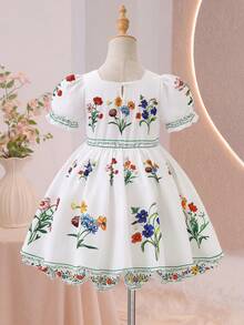 Glamorique Kids 春夏新款优雅甜美女童连衣裙，公主裙，白色底布，彩色复古花卉数码印花图案，方领短泡泡袖收腰连衣裙，适合甜美可爱的小女孩，尽显优雅高贵气质，田园风情。 - 白色 - 查看 2