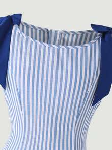 少女条纹无袖休闲系肩连衣裙 - 藍色 - 查看 4