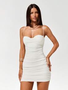 SHEIN ICON 2026 New Arrive Women's Solid Color Spaghetti Strap Fitted Ruched Mini Dress For Summer Dresses Club Bodycon Best Selling Xxs,Summer Women - White - View 3