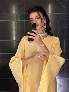 SHEIN Najma Đầm dạ hội thanh lịch tay cánh dơi, chất liệu jacquard, dáng rộng, có tua rua, viền xòe, thích hợp cho nữ. - Màu vàng - Xem 10