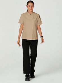 TaskEZ White Short Sleeve Chef Coat Jackets For Women Front Button Short Sleeve Pocket Minimalist - Khaki - View 6