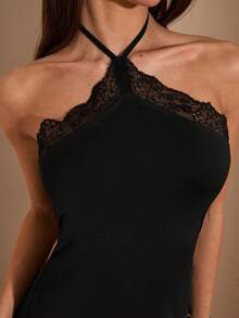 SHEIN BAE Đầm dệt kim dáng đuôi cá cổ yếm viền ren đen dành cho nữ, thích hợp cho mùa xuân/hè. - màu đen - Xem 7