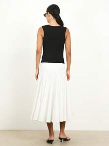 KSTM 结构拼接中长半身裙 高腰褶裥A字白色半身裙 优雅办公室商务休闲日常连衣裙半身裙 - 白色 - 查看 2