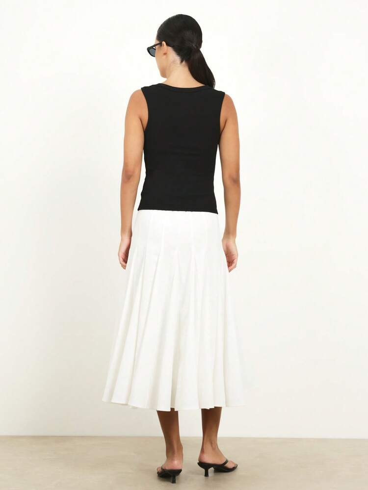 KSTM Structured Panel Midi Skirt High Waisted Pleated A Line White Skirt Elegant Office Wear Business Casual Day Dress Skirt