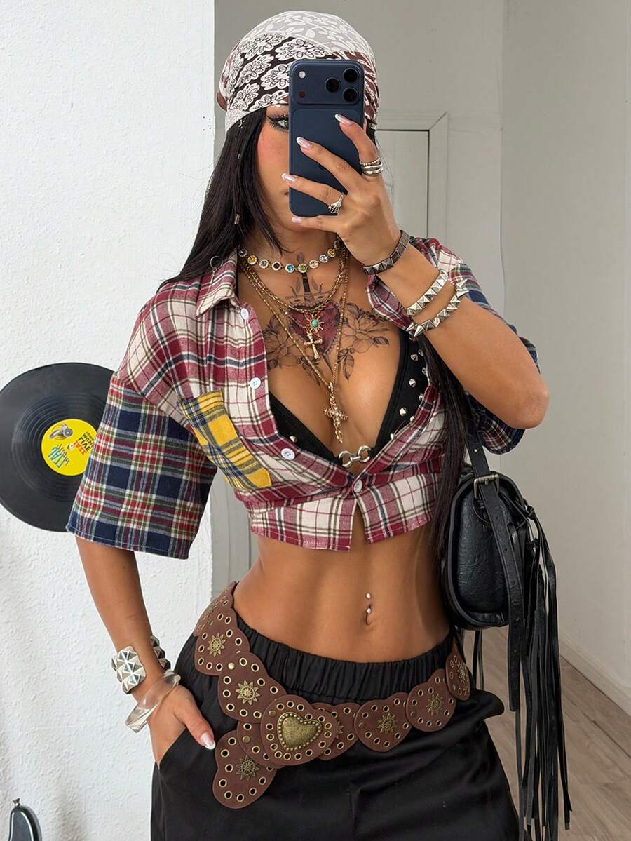 Coolane 休闲春夏街头嘻哈休闲外出Y2K复古学院风格子撞色宽松露脐上衣 - 彩色 - 查看 1