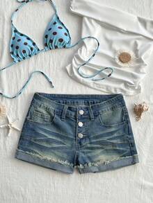 Elamini 女士复古水洗卷边牛仔短裤，夏季 - 霧霾藍 - 查看 6