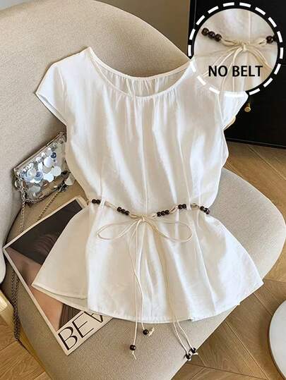 GlowEve Urban Chic Elegant Vacation New Women's White Textured Cotton Linen Round Neck Pleated Loose Short Sleeve Blouse, Suitable For Daily Wear, Weddings, Galas, Commute, Graduation Parties, Holidays, Vacations, Dates, Parties, Halloween, Christmas, New Year, Thanksgiving, Wedding