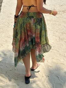 Sunnyshic Plus Size Vintage Asymmetrical Hem Mesh Skirt, Spring/Summer - Multicolor - View 2