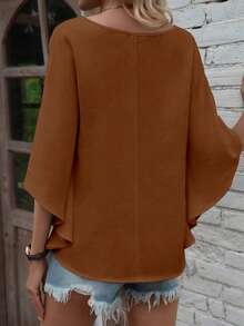 EMERY ROSE Women's Solid Color V-Neck Batwing Sleeve Loose Blouse - Coffee Brown - View 2