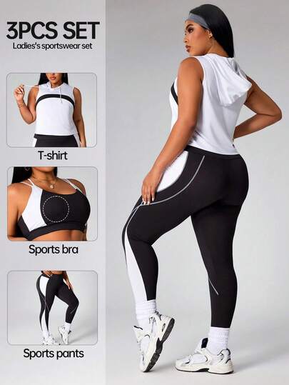 Rhythm Era Rhythm Era Plus-Size Women's Contrast Color Drawstring Hooded Cropped Camisole And Leggings Sports Suit