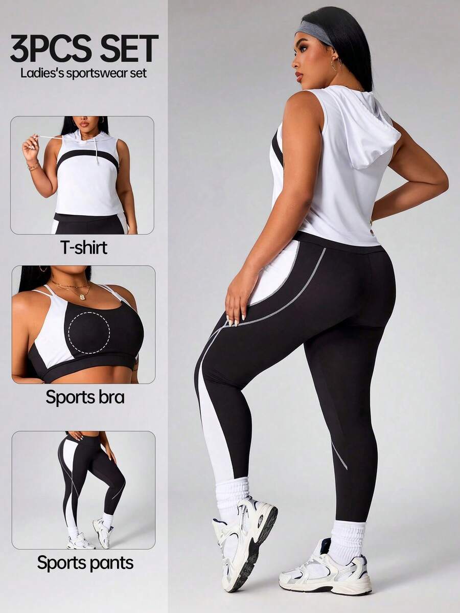 Rhythm Era Bộ đồ thể thao nữ cỡ lớn Rhythm Era gồm áo hai dây ngắn có mũ trùm đầu và quần legging, phối màu tương phản, có dây rút. - Đen và trắng - Xem 1