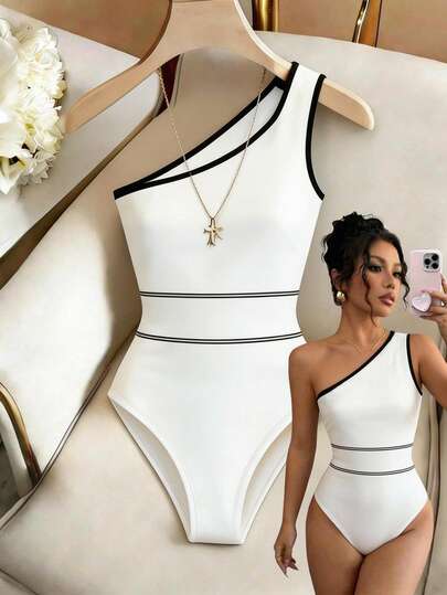 Resyla Mono minimalista de uso versátil para el día a día, vacaciones y viajes, con cuello oblicuo, bloqueo de color, empalme y decoración de cinta, para mujer