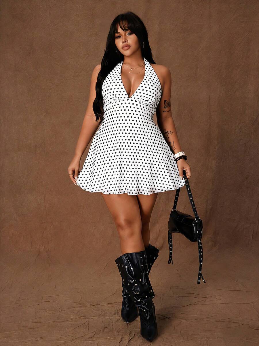 Rustia Đầm dự tiệc thời trang chấm bi buộc eo dành cho nữ cỡ lớn - trắng - Xem 1