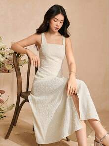 SHEIN 少女无袖纯色优雅连衣裙，质感面料，长款开衩设计，适合日常活动、婚礼及其他场合。 - 米色 - 查看 3