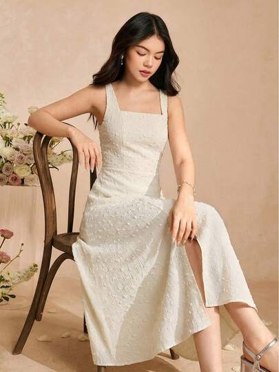 SHEIN Teen GirlSleeveless Solid Color Elegant Dress, Textured Fabric, Long Dress With Slit, Suitable For Daily Activities, Weddings And Other Occasions