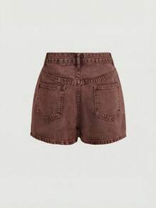 Sweetra Quần short denim nữ màu trơn, kiểu dáng chéo, thích hợp cho mùa hè. - Cà phê nâu - Xem 2